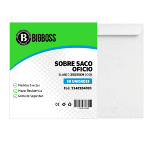 Sobre Saco Oficio Blanco 25x38cm 90gr 50 Unidades Big Boss